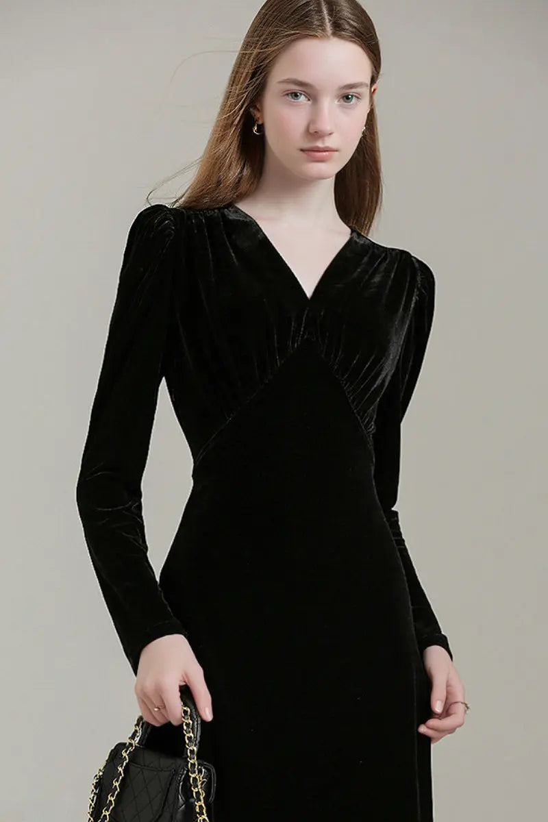 Black V Neck Long Sleeve Velvet Midi Dress with Ruched Waist
