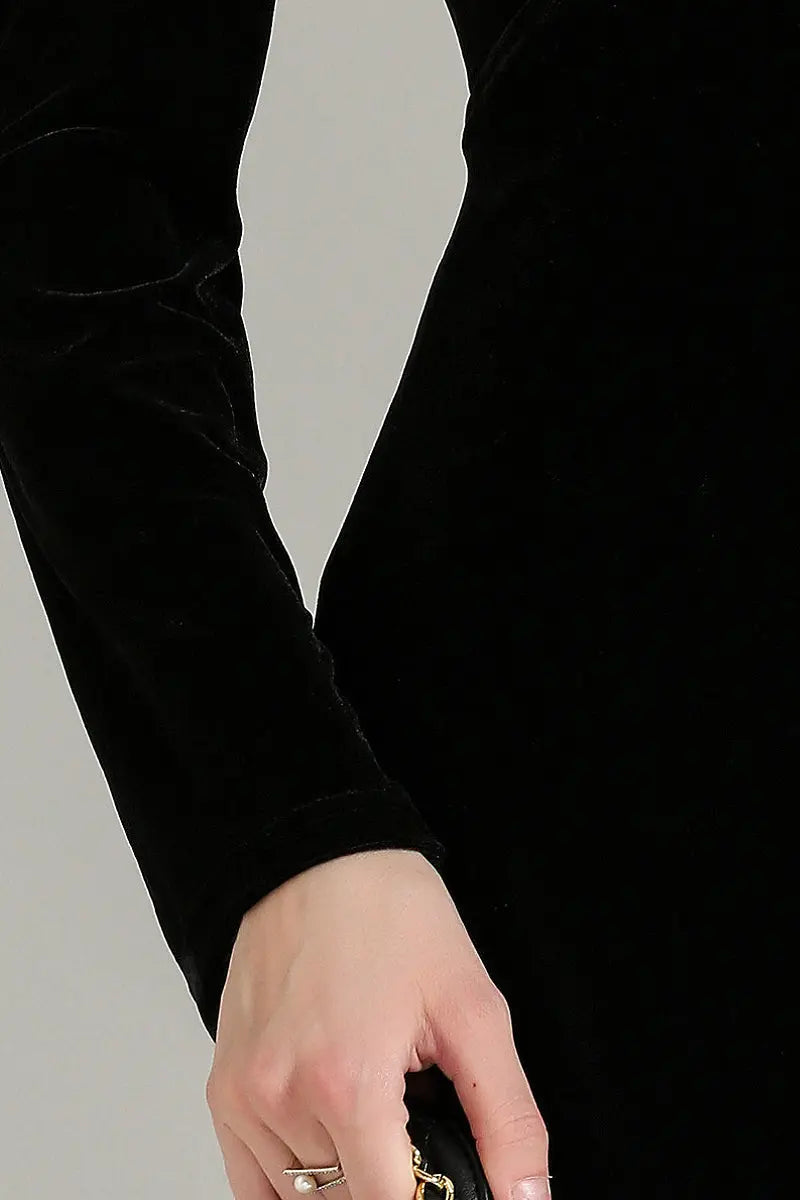 Black V Neck Long Sleeve Velvet Midi Dress with Ruched Waist
