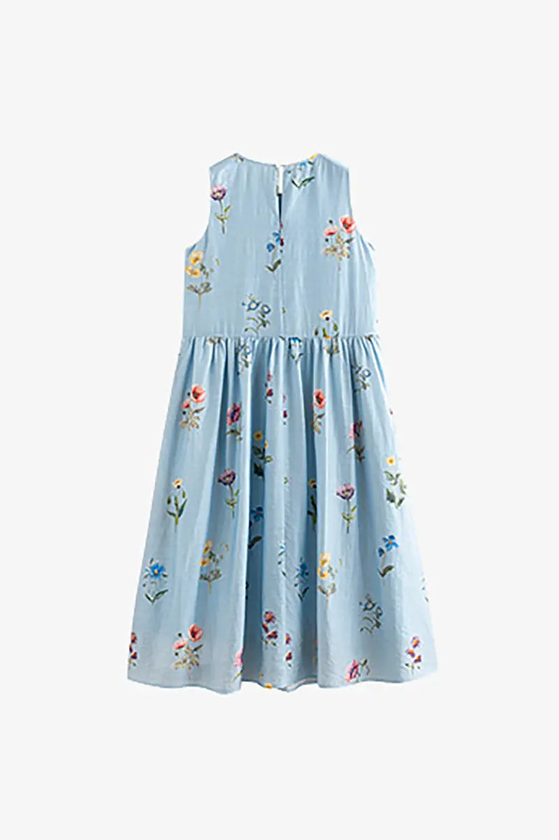 Blue Floral Linen Sleeveless Fit & Flare Midi Dress