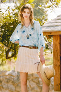 Blue Floral Silk Double Crepe 3/4 Balloon-Sleeve Blouse