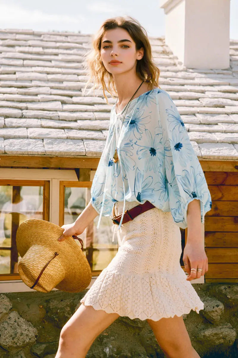 Blue Floral Silk Double Crepe 3/4 Balloon-Sleeve Blouse
