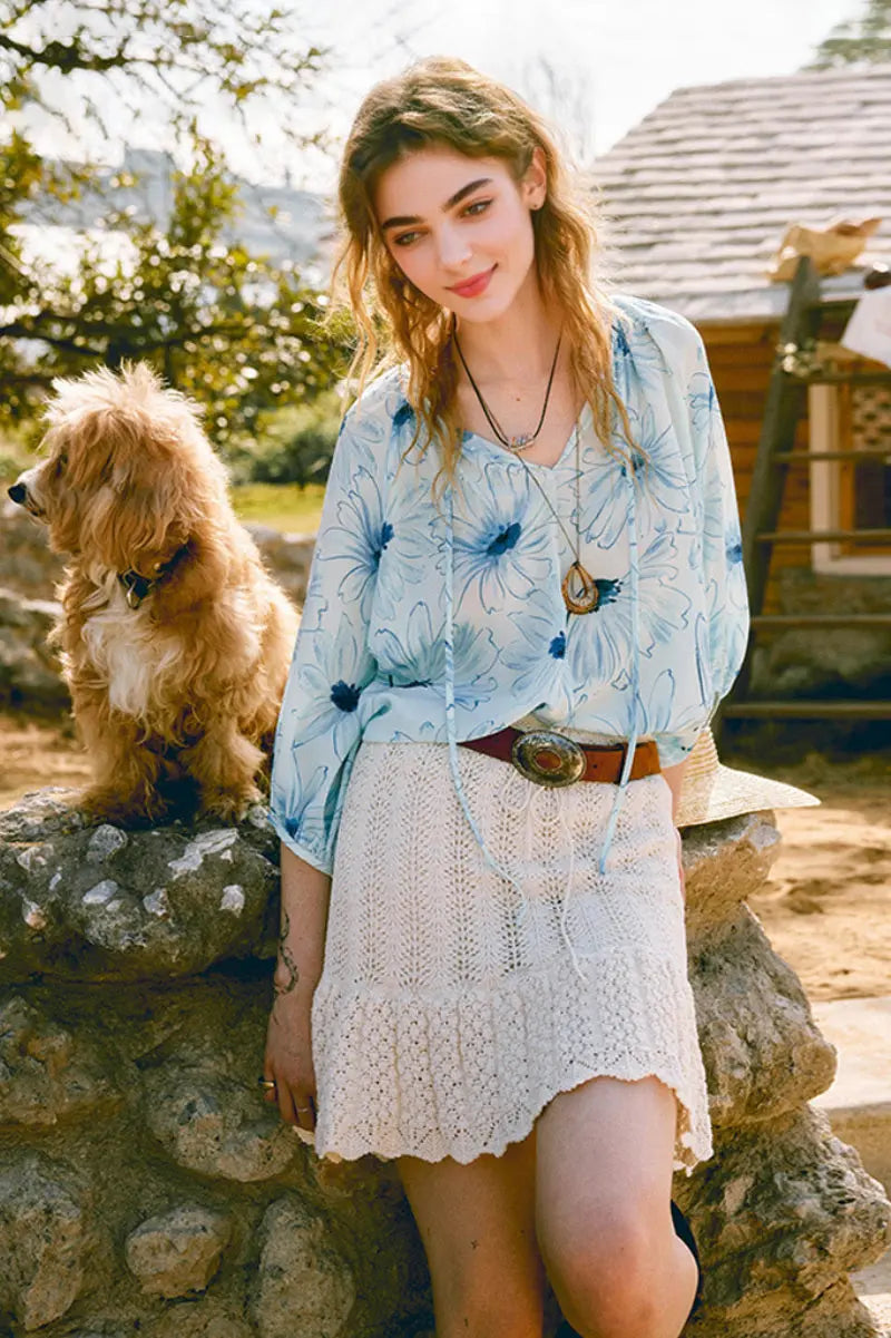 Blue Floral Silk Double Crepe 3/4 Balloon-Sleeve Blouse