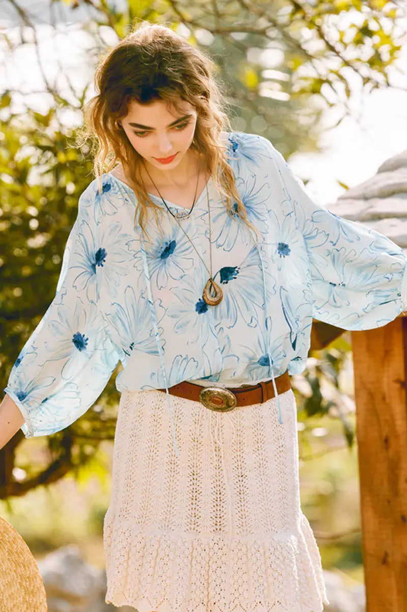 Blue Floral Silk Double Crepe 3/4 Balloon-Sleeve Blouse
