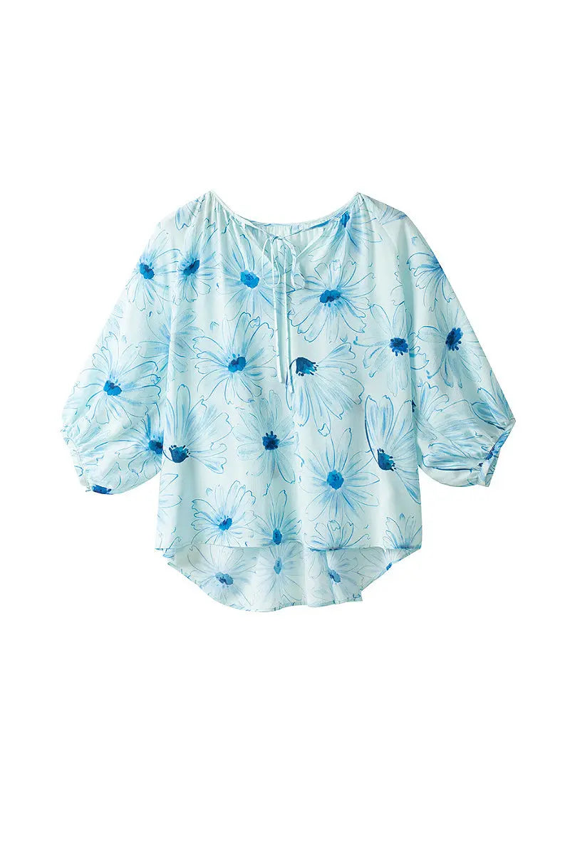Blue Floral Silk Double Crepe 3/4 Balloon-Sleeve Blouse