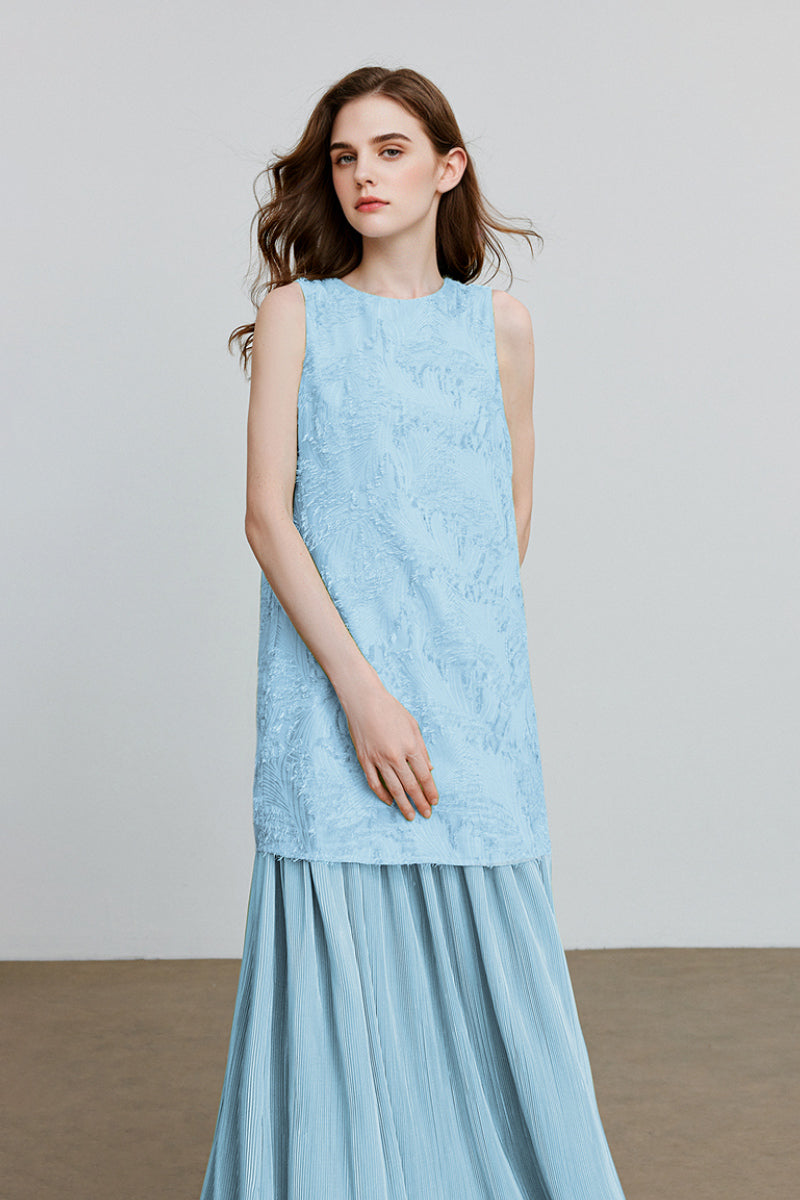 Blue Frayed Jacquard Pleated Mixed-Media Midi Dress