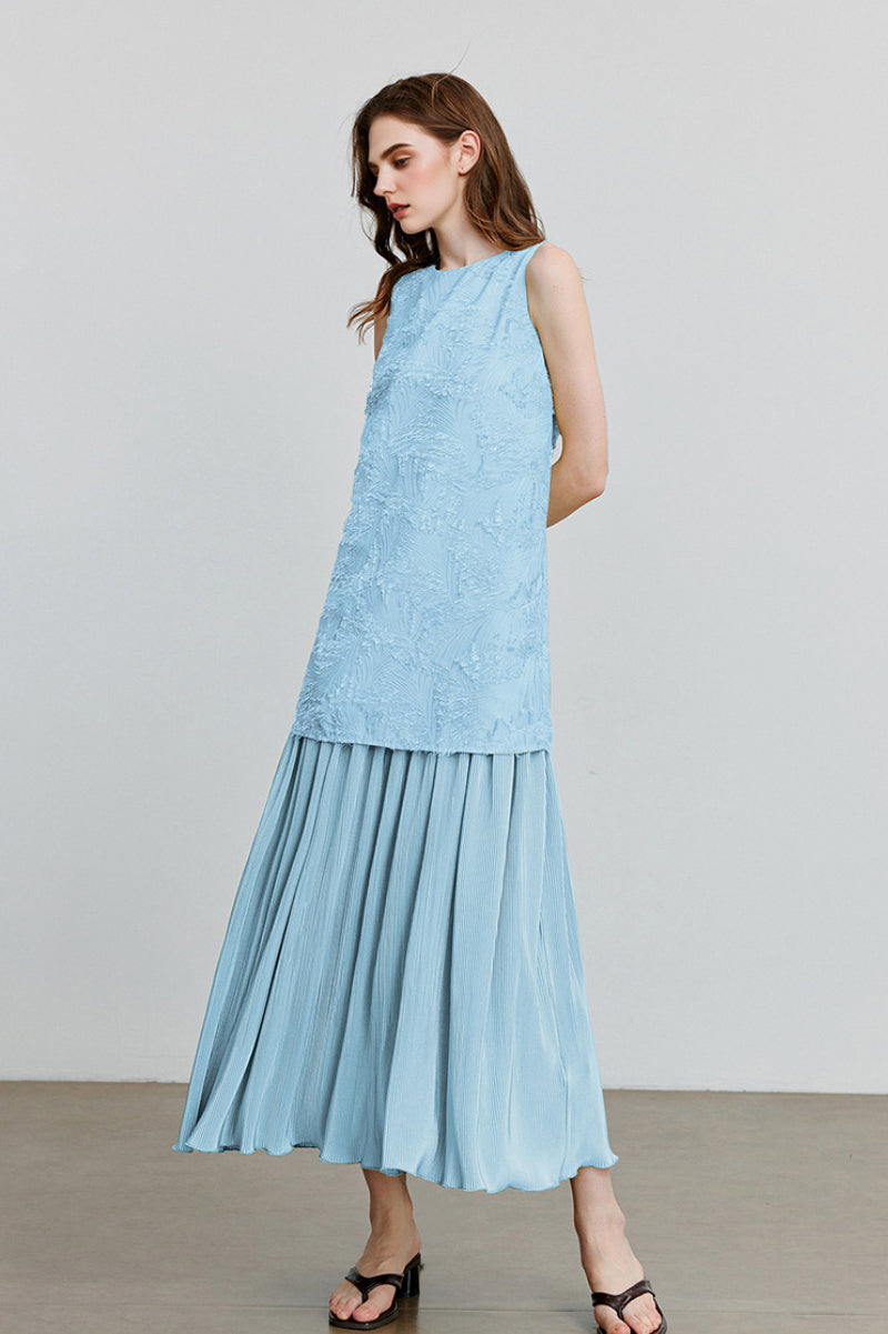 Blue Frayed Jacquard Pleated Mixed-Media Midi Dress