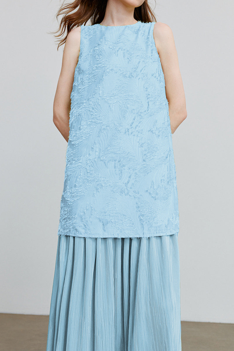 Blue Frayed Jacquard Pleated Mixed-Media Midi Dress