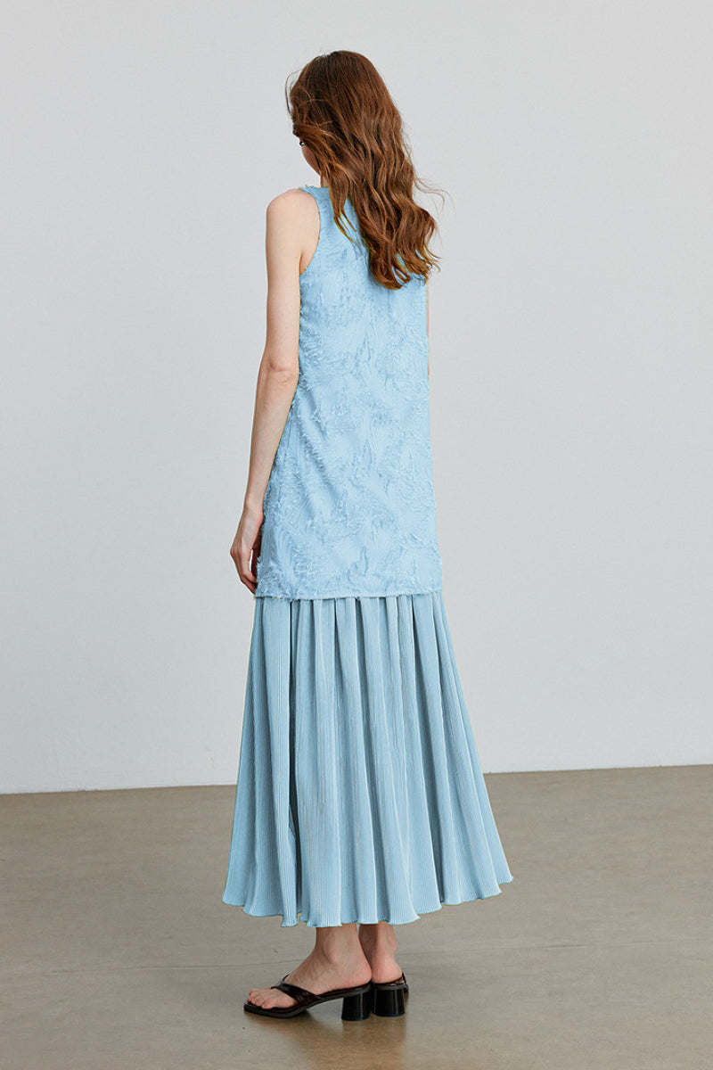Blue Frayed Jacquard Pleated Mixed-Media Midi Dress