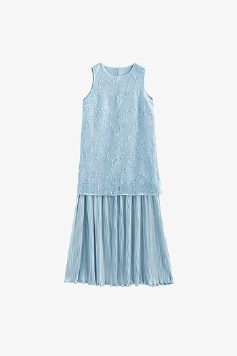 Blue Frayed Jacquard Pleated Mixed-Media Midi Dress