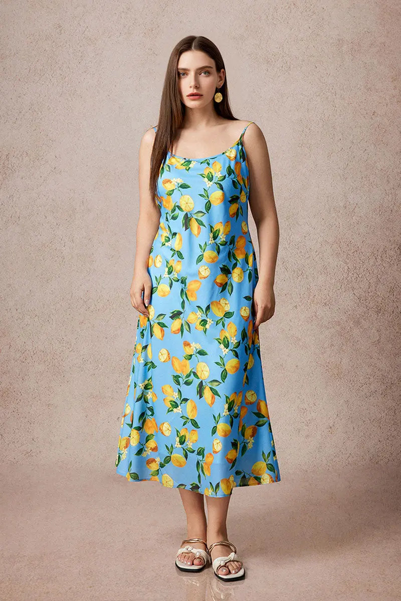 Blue Lemon Print Midi Slip Dress