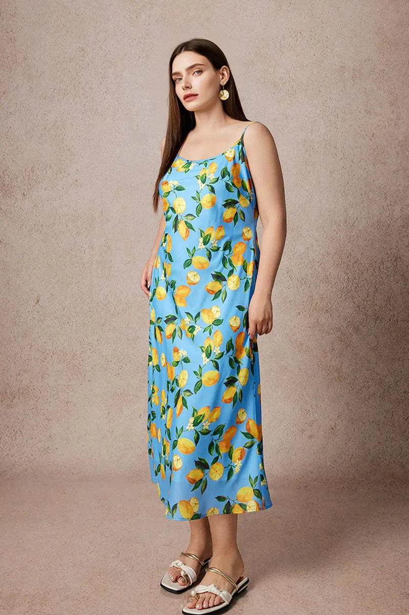 Blue Lemon Print Midi Slip Dress