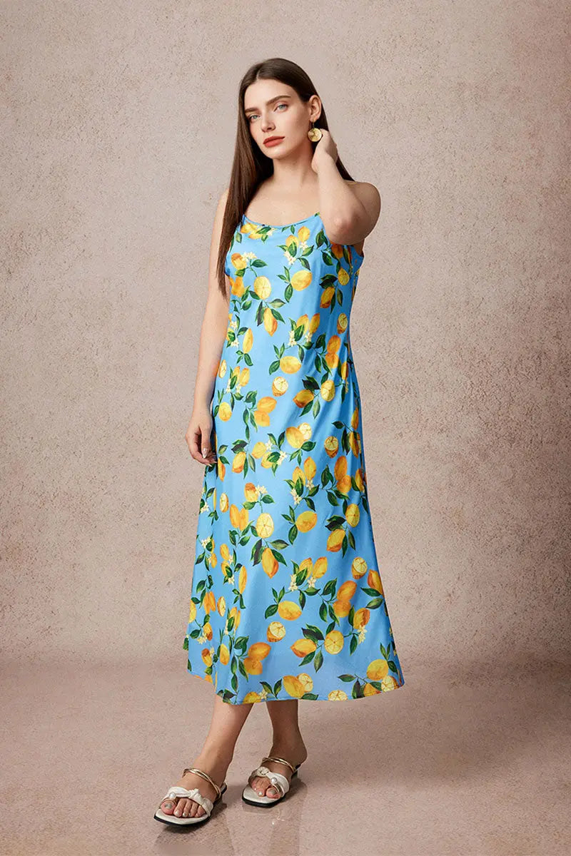 Blue Lemon Print Midi Slip Dress