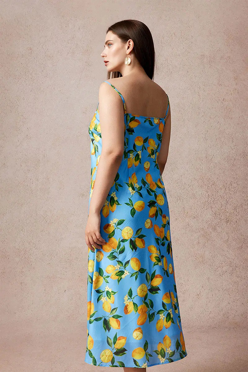 Blue Lemon Print Midi Slip Dress