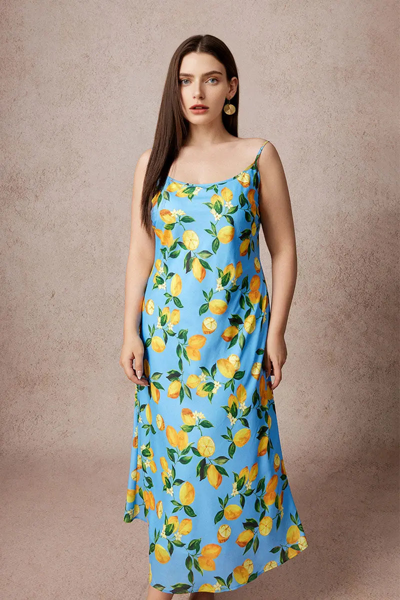 Blue Lemon Print Midi Slip Dress