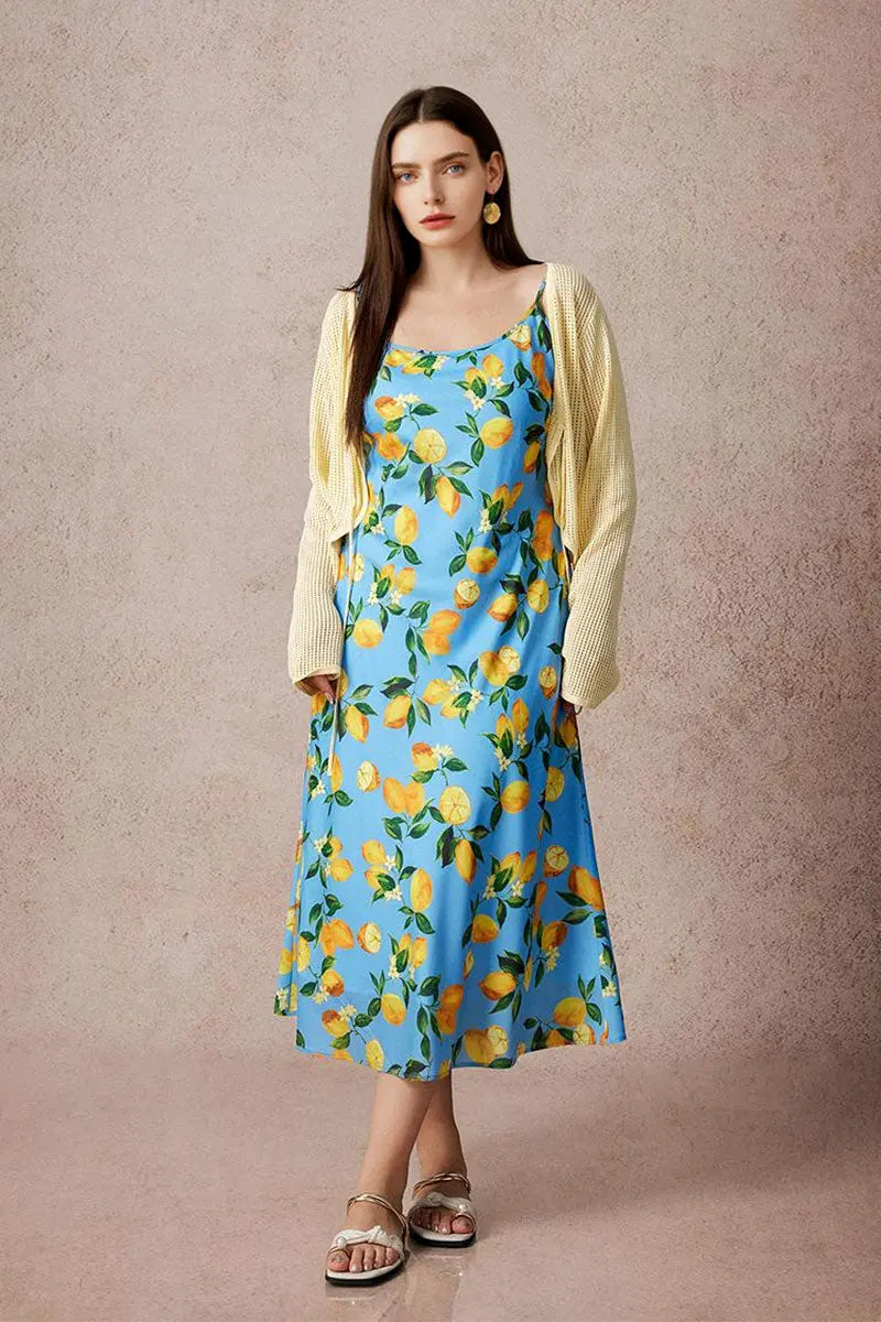 Blue Lemon Print Midi Slip Dress