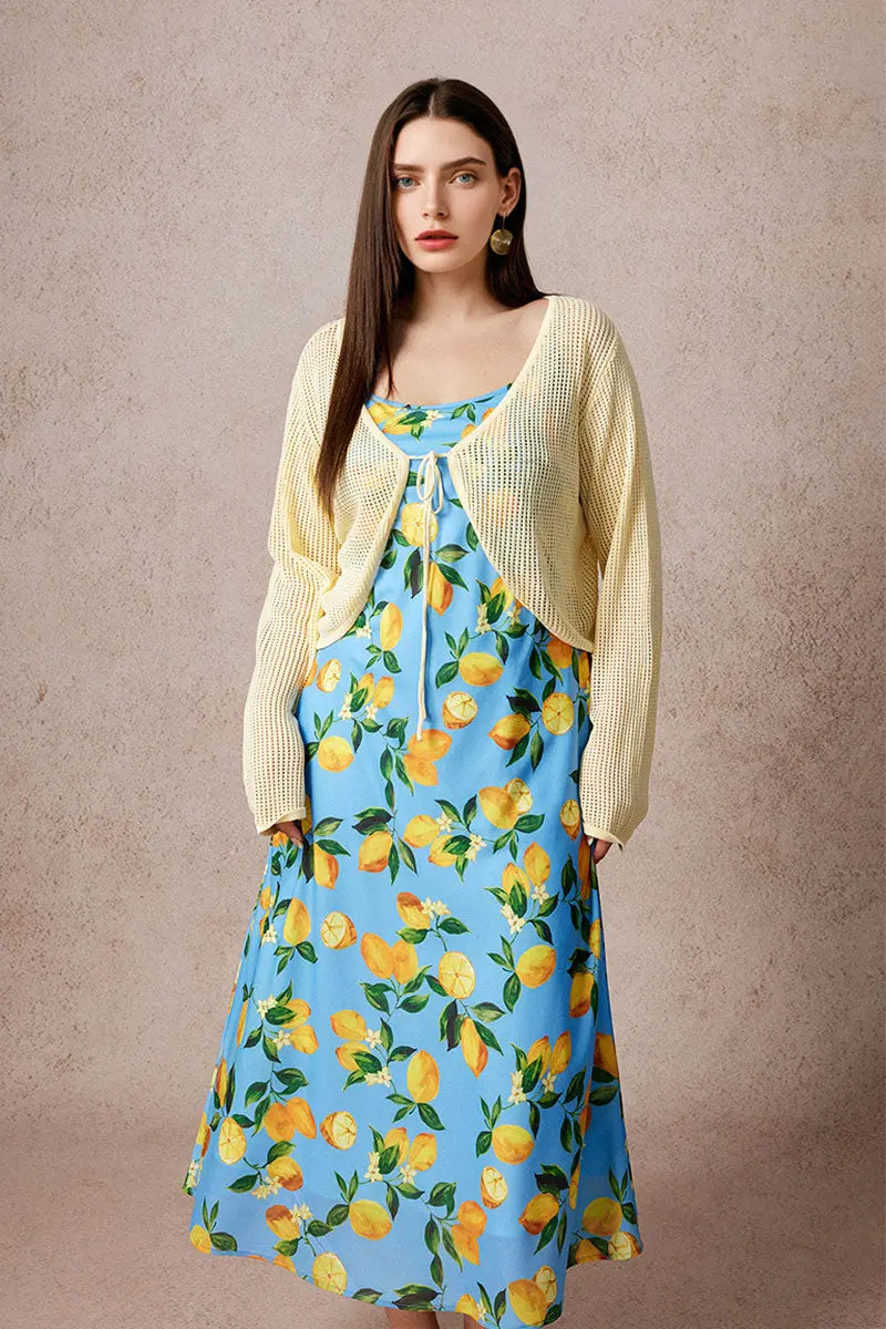 Blue Lemon Print Midi Slip Dress