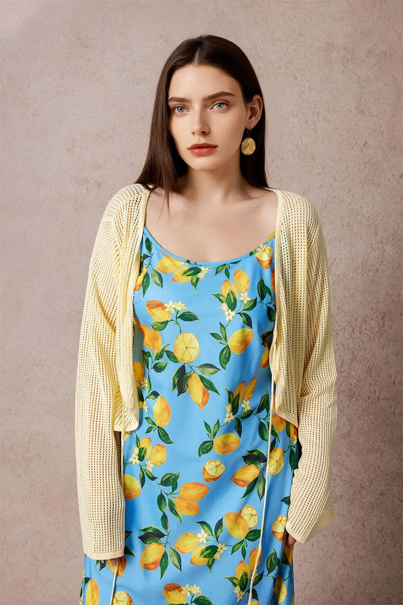 Blue Lemon Print Midi Slip Dress