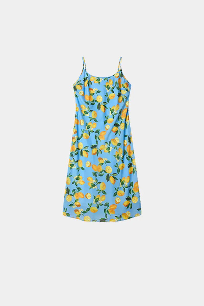 Blue Lemon Print Midi Slip Dress