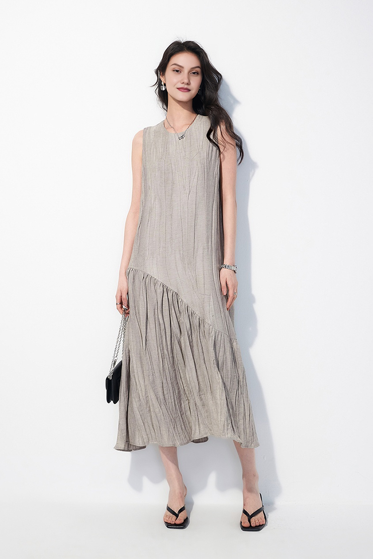 Casual Summer Asymmetric Tiered Crinkled Flowy Tank Midi Dress
