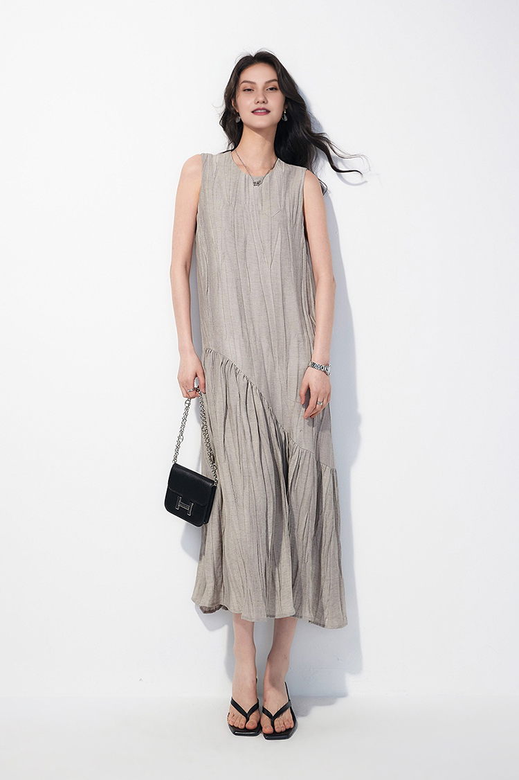 Casual Summer Asymmetric Tiered Crinkled Flowy Tank Midi Dress