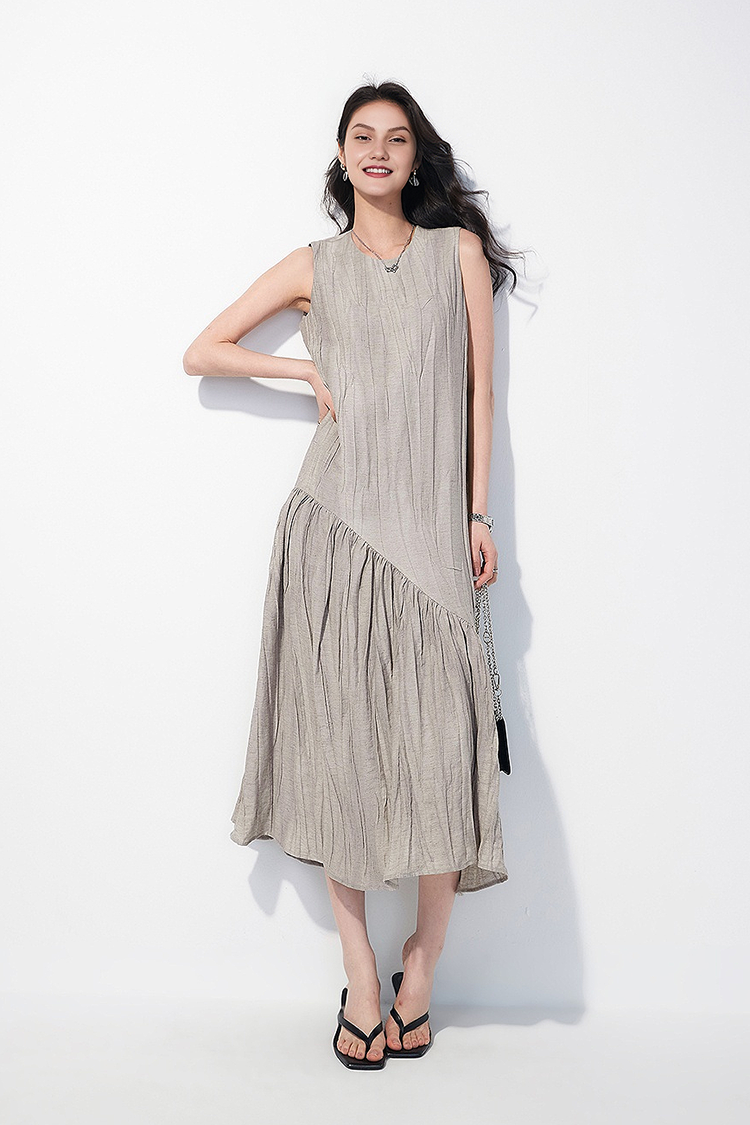 Casual Summer Asymmetric Tiered Crinkled Flowy Tank Midi Dress