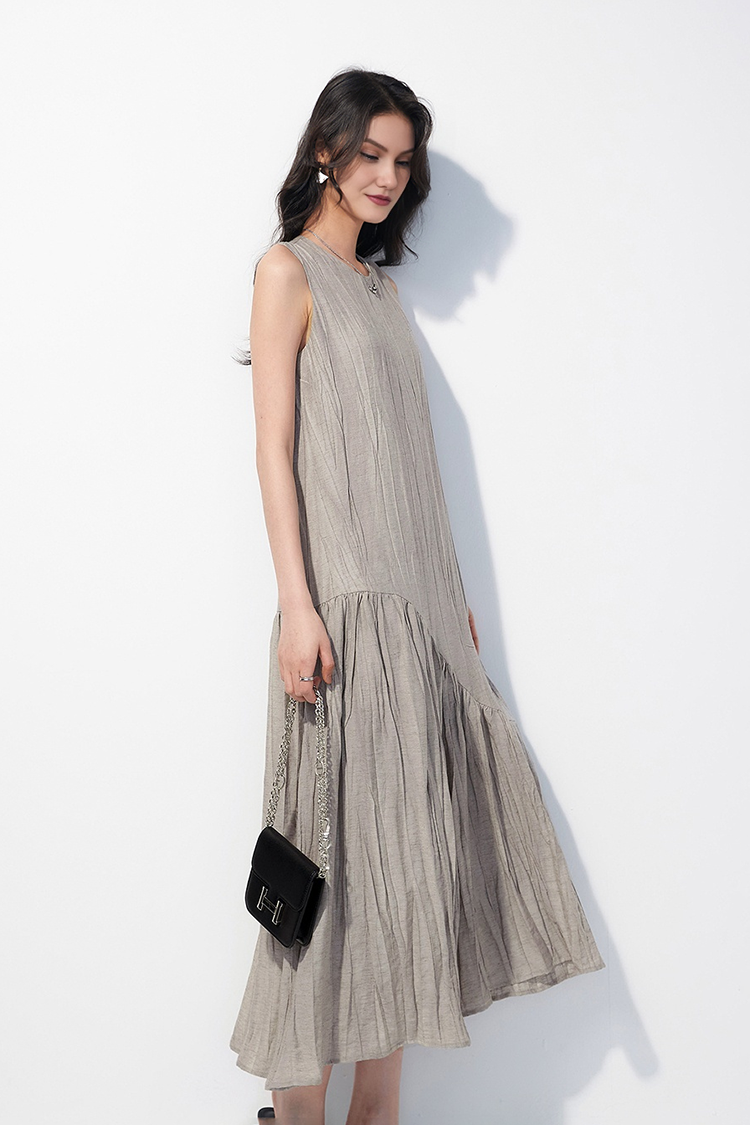 Casual Summer Asymmetric Tiered Crinkled Flowy Tank Midi Dress