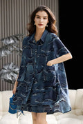 Chiffon Denim-Inspired Short-Sleeve Shirt and Shorts Set