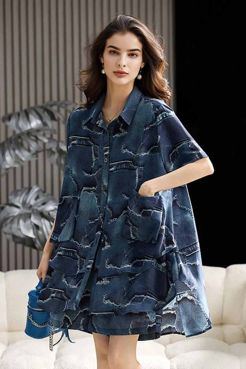 Chiffon Denim-Inspired Short-Sleeve Shirt and Shorts Set