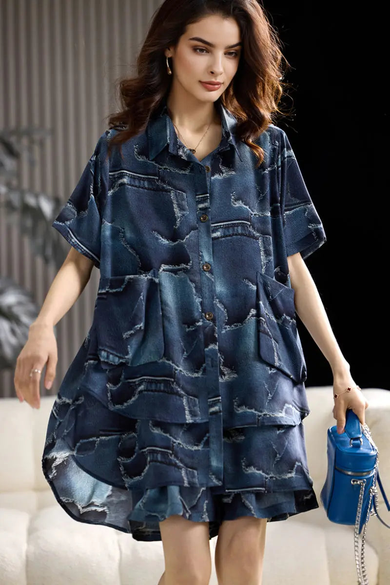 Chiffon Denim-Inspired Short-Sleeve Shirt and Shorts Set