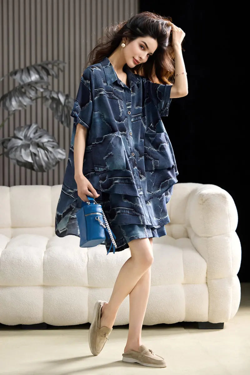Chiffon Denim-Inspired Short-Sleeve Shirt and Shorts Set