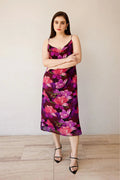 Chiffon Floral Cowl-Neck Midi Slip Dress in Purple