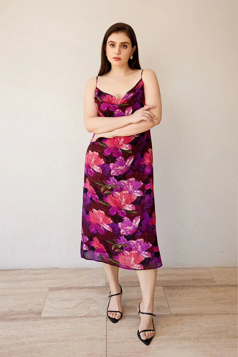 Chiffon Floral Cowl-Neck Midi Slip Dress in Purple