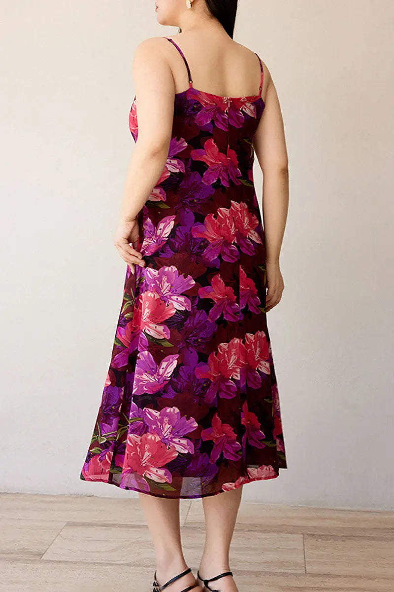 Chiffon Floral Cowl-Neck Midi Slip Dress in Purple