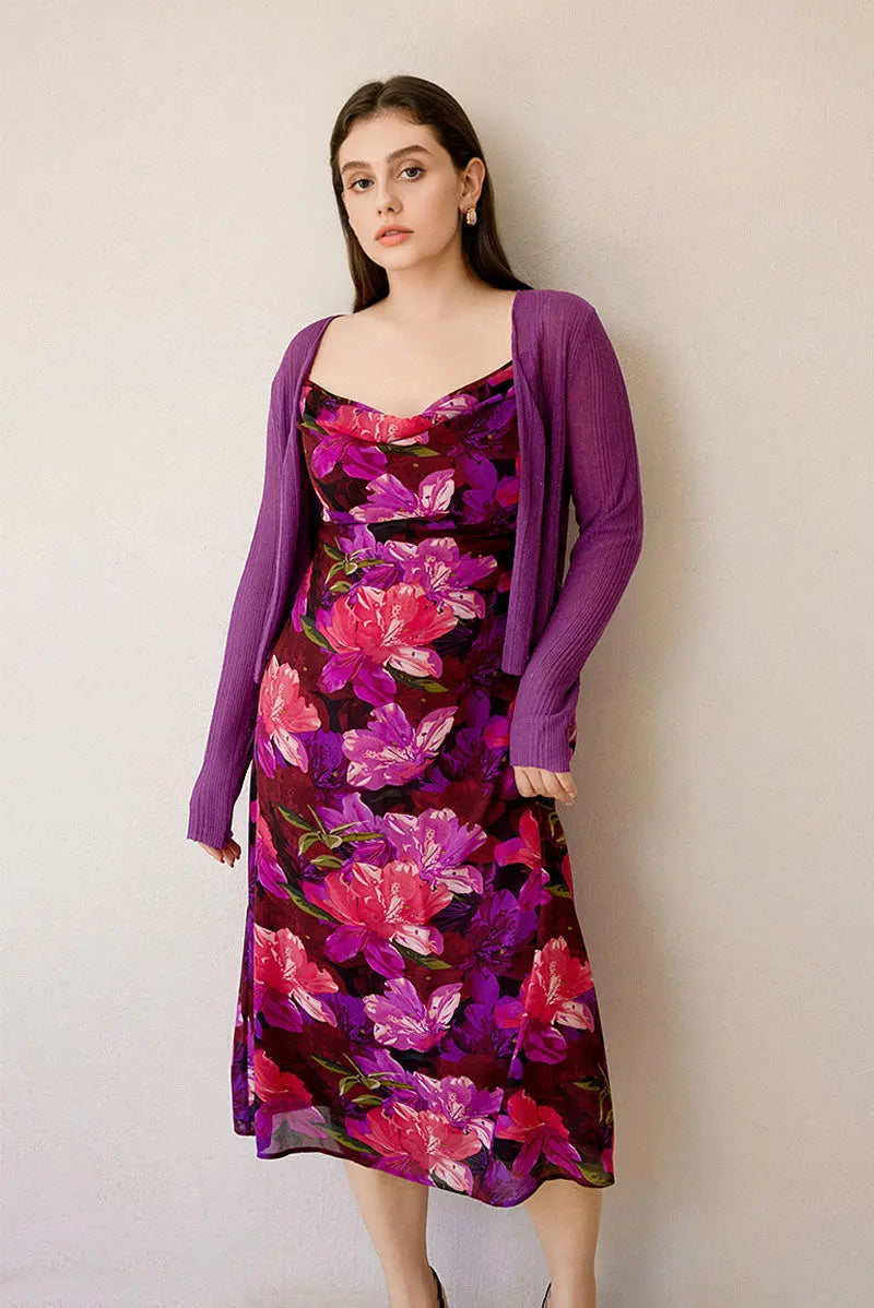 Chiffon Floral Cowl-Neck Midi Slip Dress in Purple