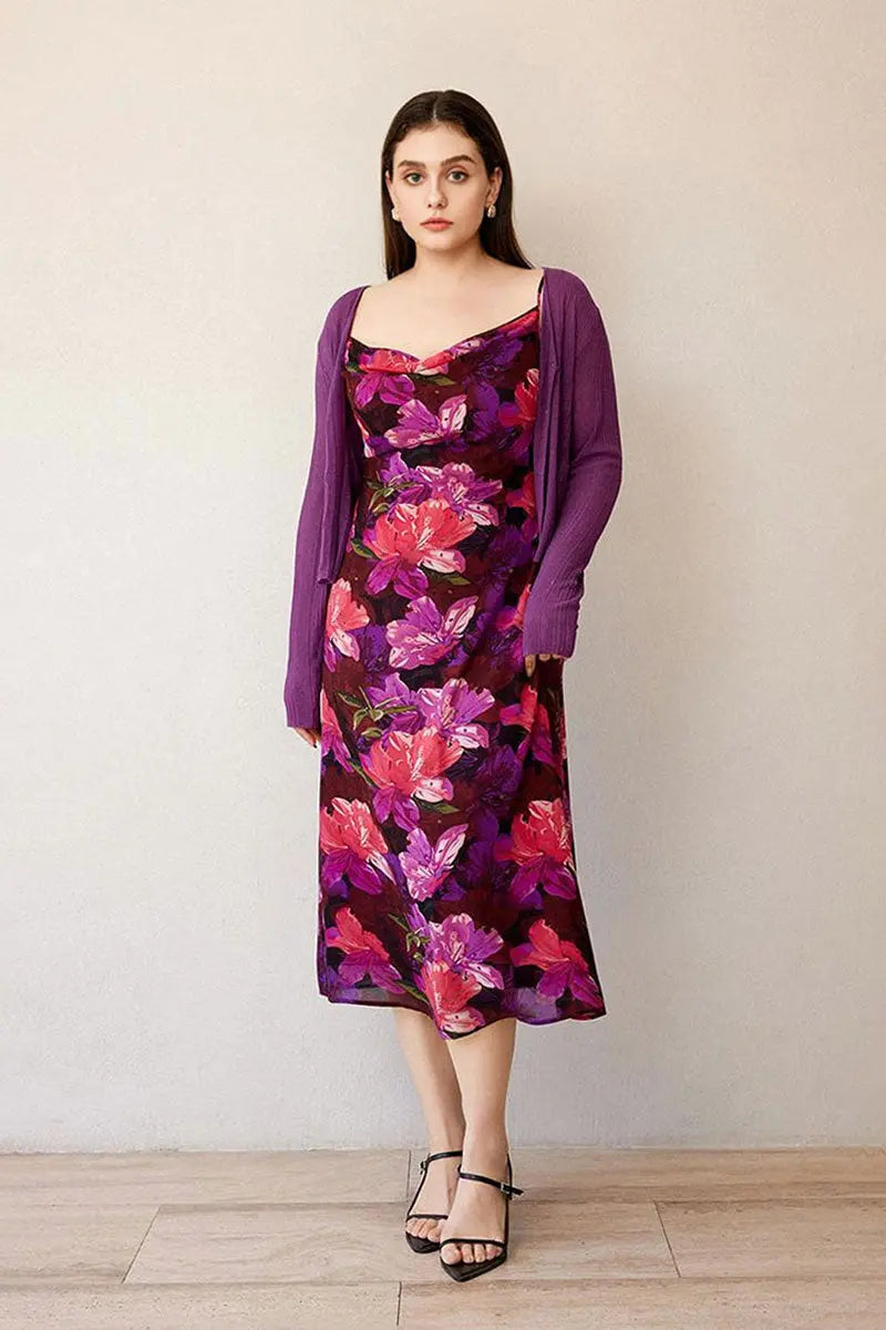Chiffon Floral Cowl-Neck Midi Slip Dress in Purple