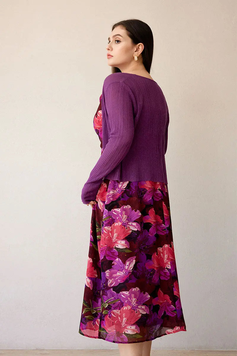 Chiffon Floral Cowl-Neck Midi Slip Dress in Purple