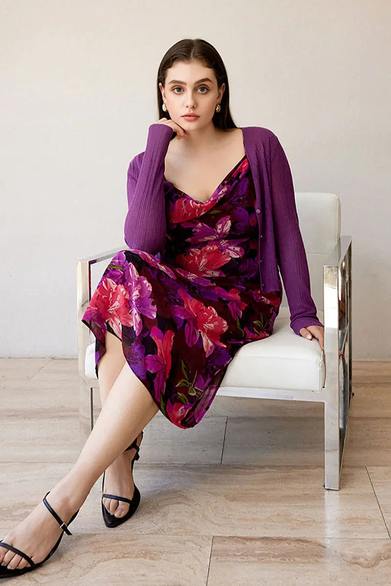 Chiffon Floral Cowl-Neck Midi Slip Dress in Purple