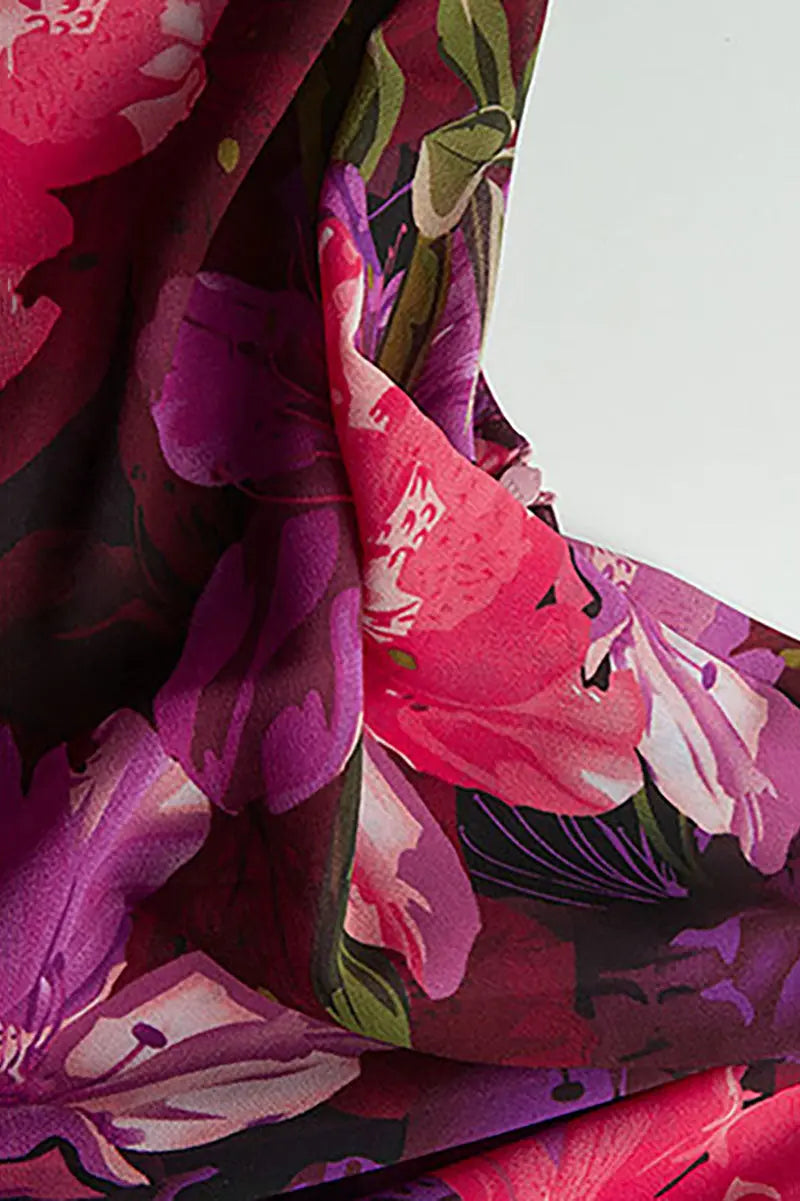 Chiffon Floral Cowl-Neck Midi Slip Dress in Purple