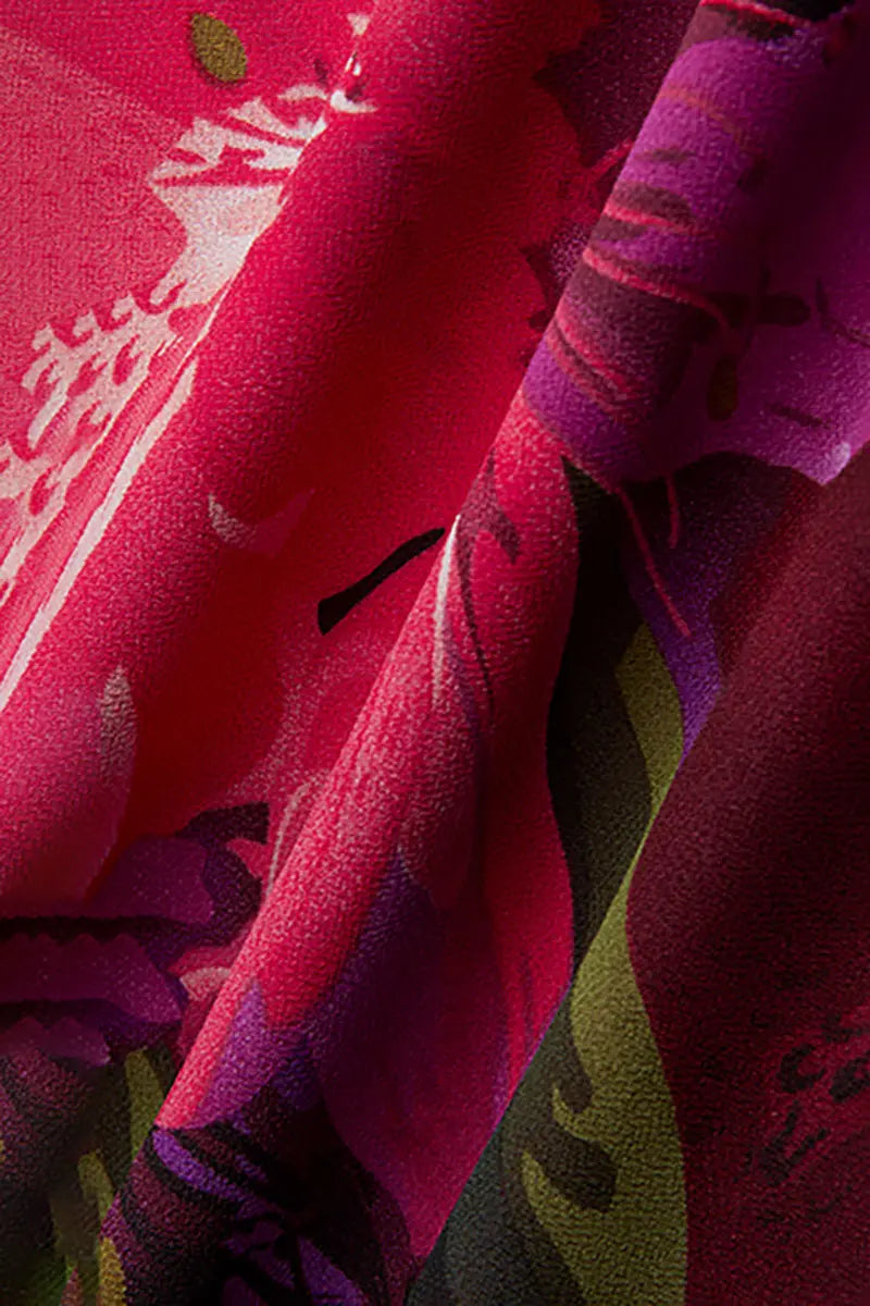 Chiffon Floral Cowl-Neck Midi Slip Dress in Purple