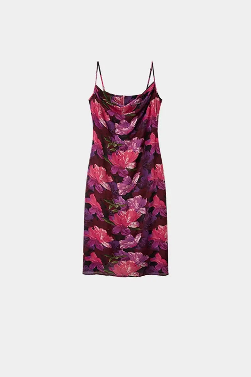 Chiffon Floral Cowl-Neck Midi Slip Dress in Purple