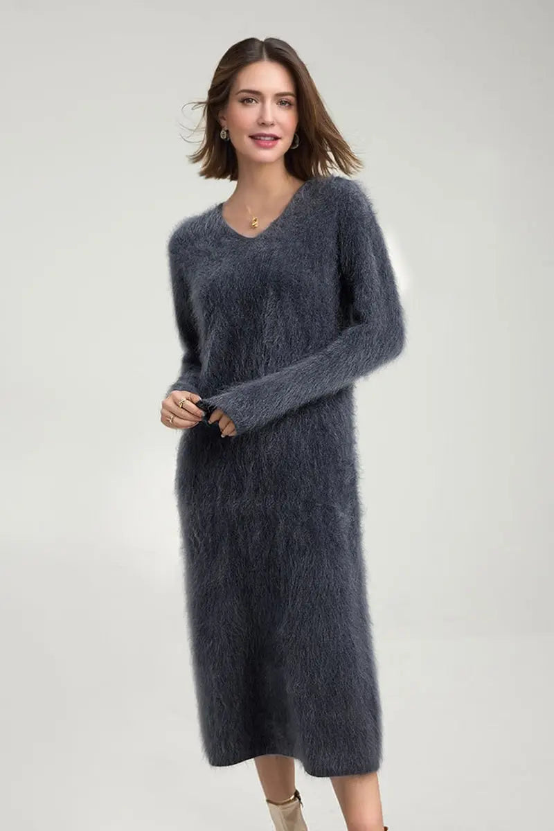 Classic Brushed Cashmere V-Neck Long Sleeve Sweater Dress