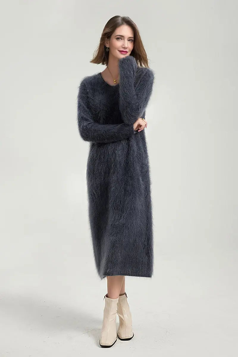 Classic Brushed Cashmere V-Neck Long Sleeve Sweater Dress