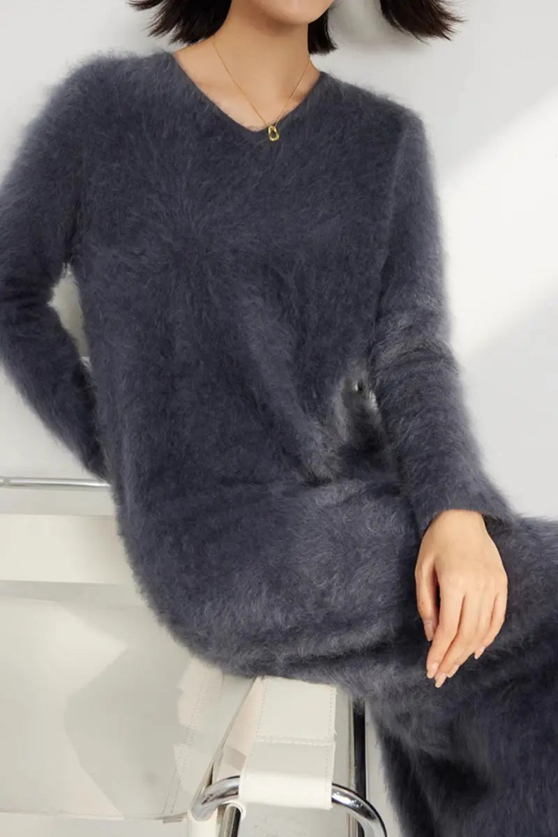 Classic Brushed Cashmere V-Neck Long Sleeve Sweater Dress