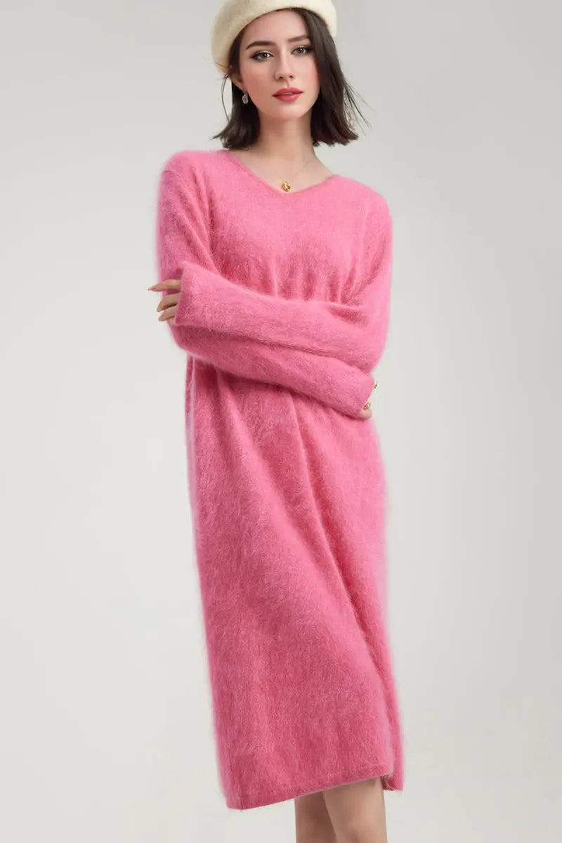 Classic Brushed Cashmere V-Neck Long Sleeve Sweater Dress