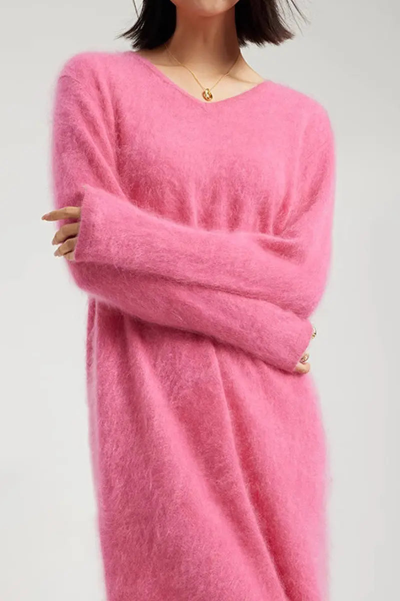 Classic Brushed Cashmere V-Neck Long Sleeve Sweater Dress