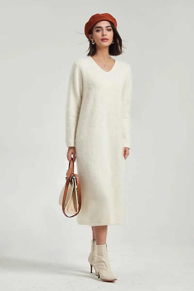 Classic Brushed Cashmere V-Neck Long Sleeve Sweater Dress