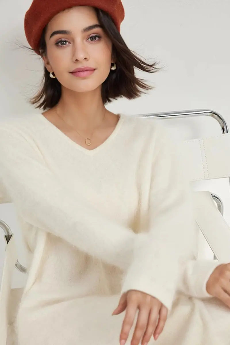 Classic Brushed Cashmere V-Neck Long Sleeve Sweater Dress