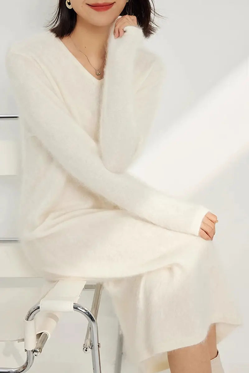 Classic Brushed Cashmere V-Neck Long Sleeve Sweater Dress