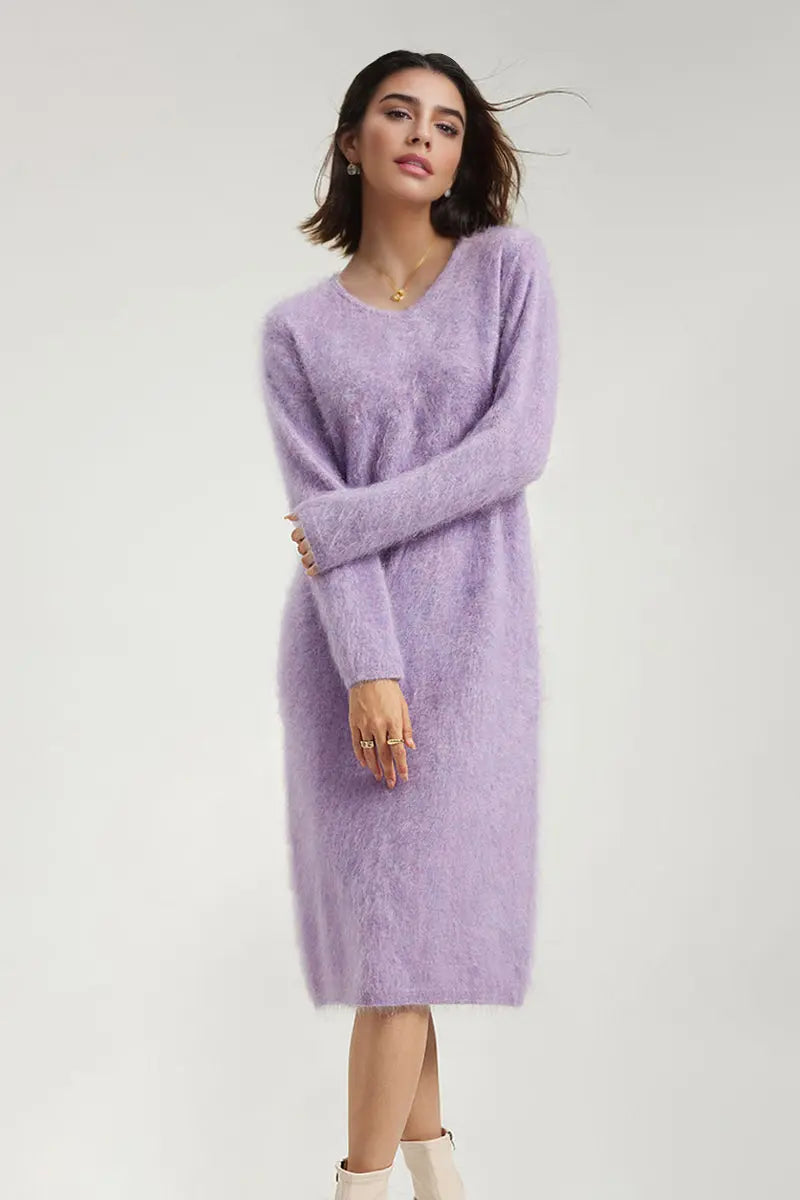 Classic Brushed Cashmere V-Neck Long Sleeve Sweater Dress
