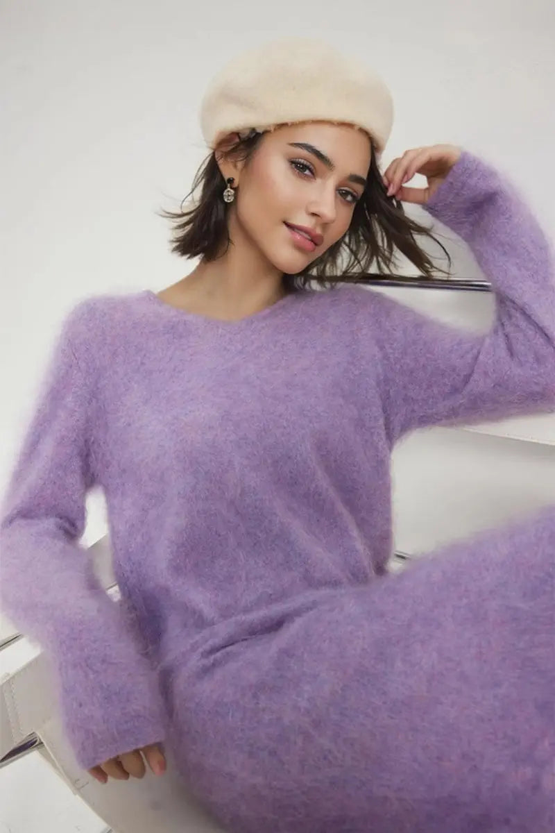 Classic Brushed Cashmere V-Neck Long Sleeve Sweater Dress